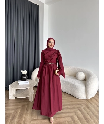 Hen - Aven Şal Detay Sandy Poplin Elbise - Bordo