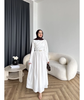 Hen - Aven Şal Detay Sandy Poplin Elbise - Beyaz