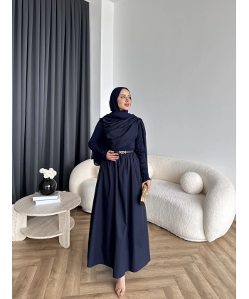 Hen - Aven Şal Detay Sandy Poplin Elbise - Lacivert