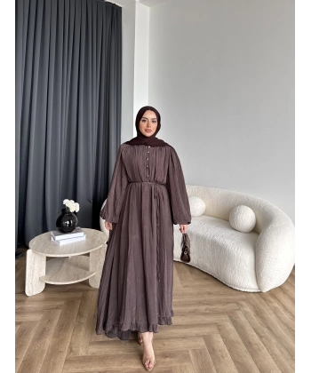 Ah - Rafel Asimetrik Fırfırlı Piliseli Elbise - Acı Kahve