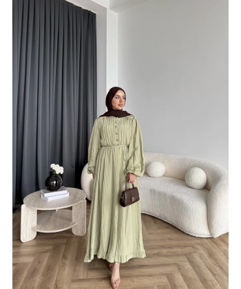 Ah - Rafel Asimetrik Fırfırlı Piliseli Elbise - Yağ Yeşili