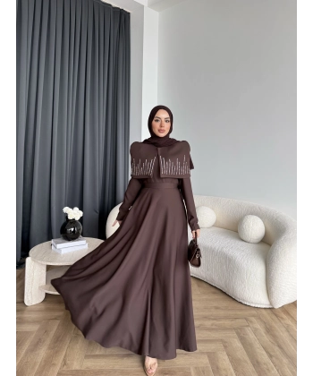 Fuş - Melafis Pelerin Taş Detay Elbise - Acı Kahve