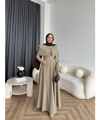 Fuş - Melafis Pelerin Taş Detay Elbise - Yeşil