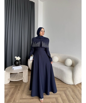Fuş - Melafis Pelerin Taş Detay Elbise - Lacivert