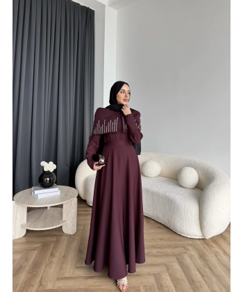 Fuş - Melafis Pelerin Taş Detay Elbise - Bordo