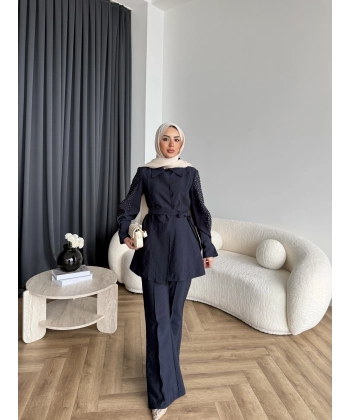 Fuş - Lisor Kol Taş Detay Takım - Lacivert