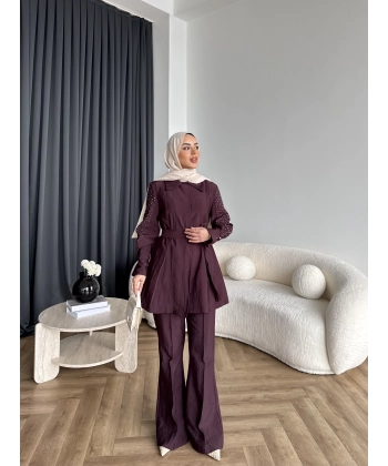 Fuş - Lisor Kol Taş Detay Takım - Bordo