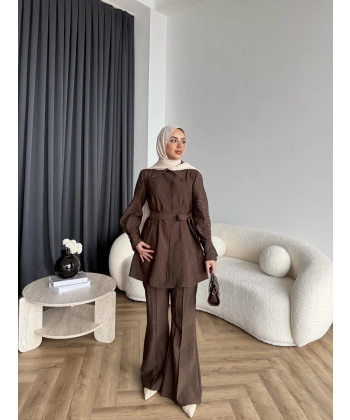 Fuş - Lisor Kol Taş Detay Takım - Kahve