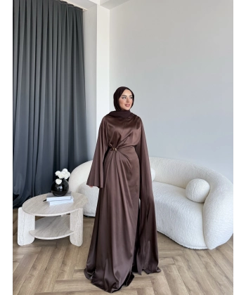 Hen - Volan Saten Elbise - Acı Kahve