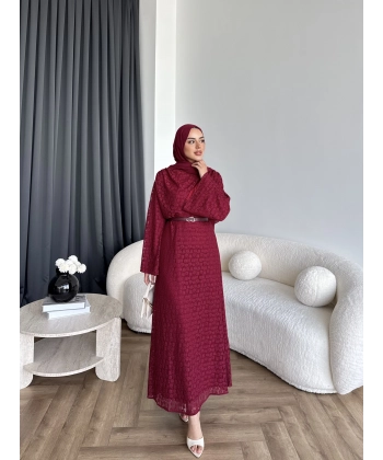 Tb - İndirimli Dantel Elbise - Bordo