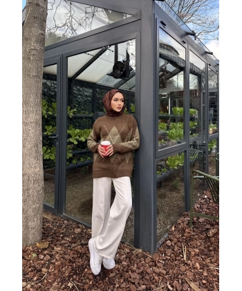 Baklava Dilim Triko Kazak - Kahve