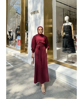 Balon Kol Krep Elbise - Bordo