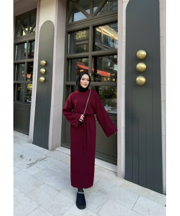 Balon Kol Triko Elbise - Bordo