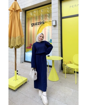 Balon Kol Triko Elbise - Lacivert