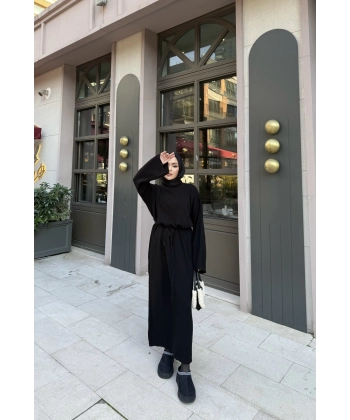 Balon Kol Triko Elbise - Siyah