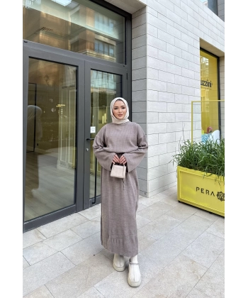 Balon Kol Triko Elbise - Sütlü Kahve