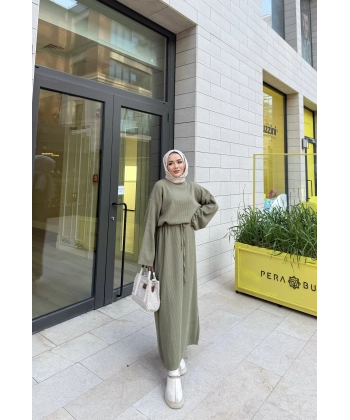 Balon Kol Triko Elbise - Yeşil