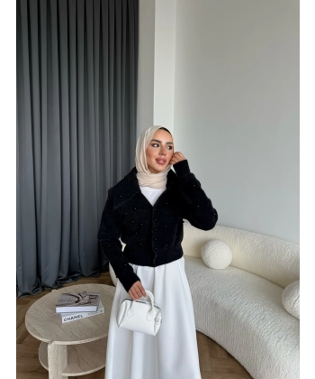 Boncuk Detaylı Mini Hırka - Siyah