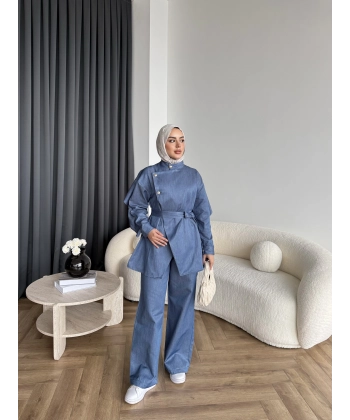 Btç - Findy İnce Gold Düğme Kot Takım - Mavi