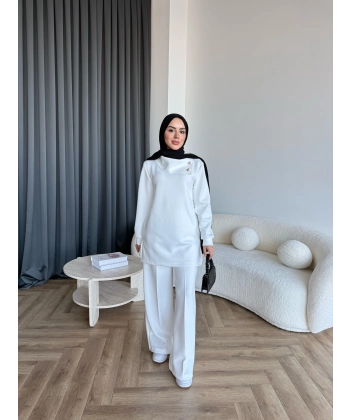 Btç-Freyi Gold Düğme Detay Scuba Takım - Beyaz