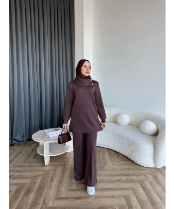 Btç-Freyi Gold Düğme Detay Scuba Takım - Kahve