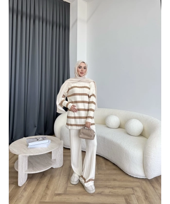Çizgili Triko Takım - Bej