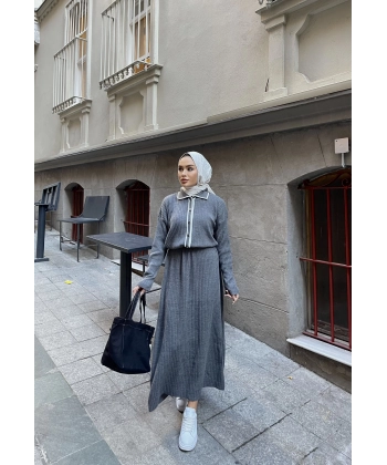 Dahsen Düğmeli Triko Elbise - Gri