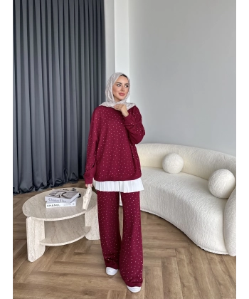 Derla Taş Detaylı Eşofman Takım - Bordo