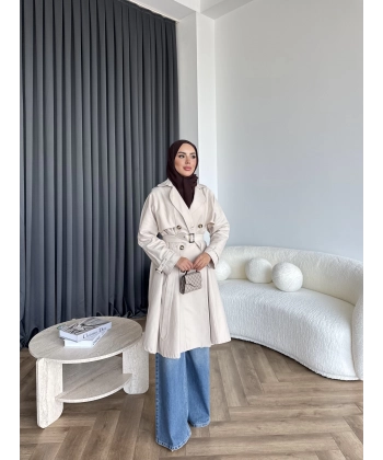 Dökümlü Trençkot - Bej