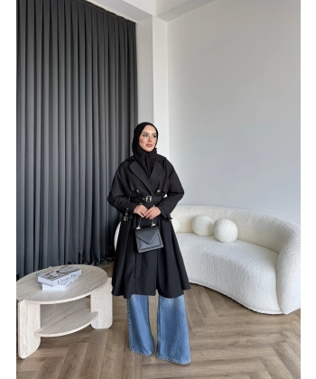 Dökümlü Trençkot - Siyah