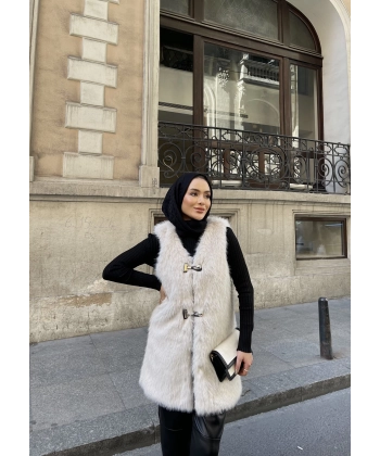 Düğmeli Kürk Yelek - Bej