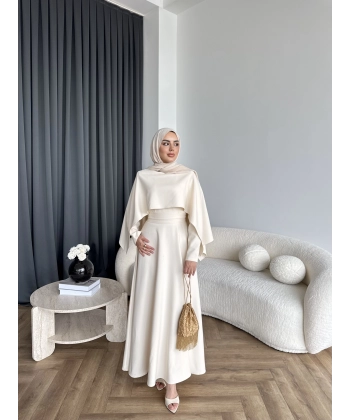 Duq - Ledtan Pelerin Yaka Elbise - Bej