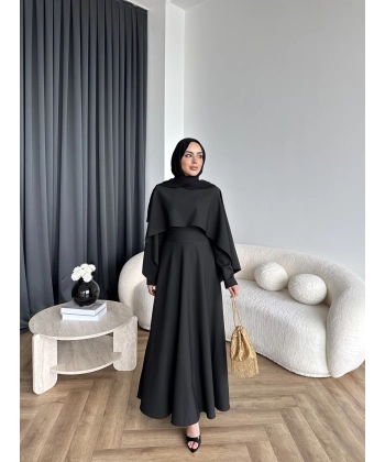 Duq - Ledtan Pelerin Yaka Elbise - Siyah