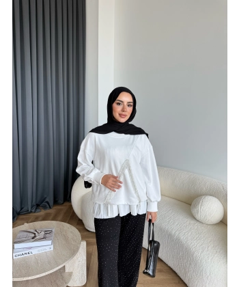 Ela Taş Detaylı Sweat - Beyaz