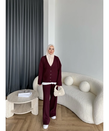 Elenor Düğmeli Triko Takım - Bordo