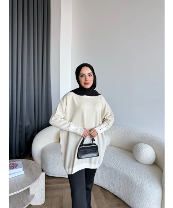 Evar Simli Kolu Düğmeli Triko Kazak - Bej