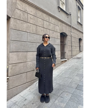 Evsa Mini Gold Düğmeli Elbise - Antrasit