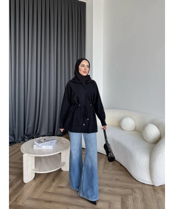 Eyla Fermuarlı Hırka - Siyah