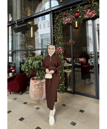 Fermuar Detaylı Triko Elbise - Acı Kahve