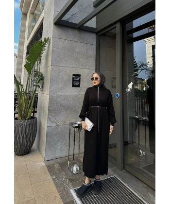 Fermuar Detaylı Triko Elbise - Siyah
