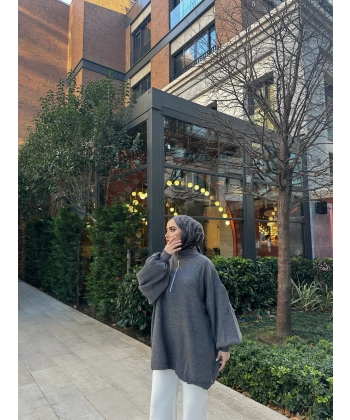 Fermuarlı Sweat Model Triko Kazak - Gri