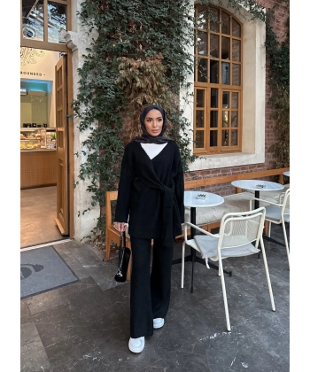 Fireya Bağlamalı Triko Takım - Siyah