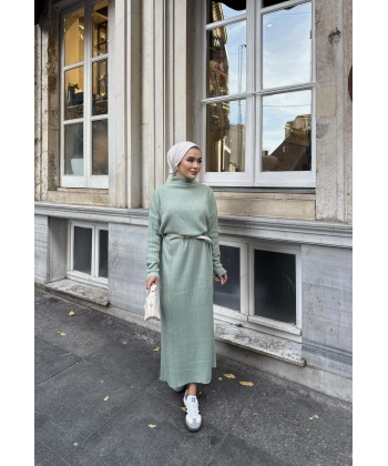 Fitilli Triko Elbise - Çağla