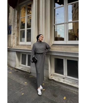 Fitilli Triko Elbise - Füme