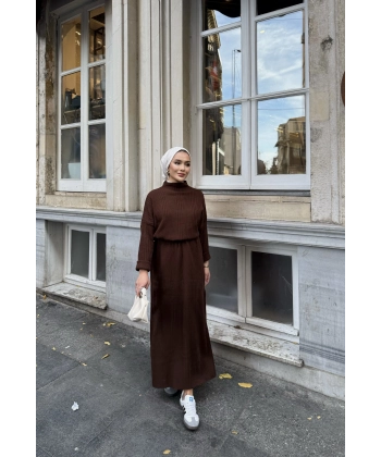 Fitilli Triko Elbise - Kahve