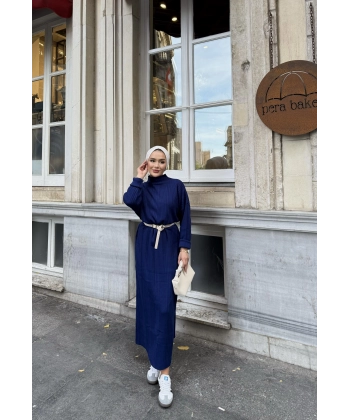 Fitilli Triko Elbise - Lacivert