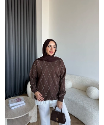 Gn-Elban Taşlı Sweat - Kahve