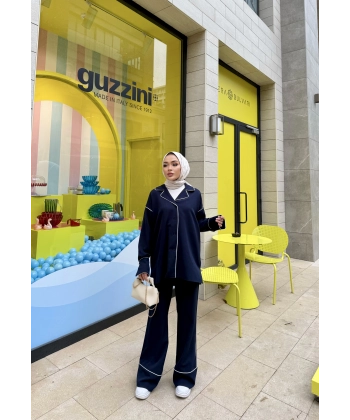 Gold Düğmeli Biyeli Takım - Lacivert