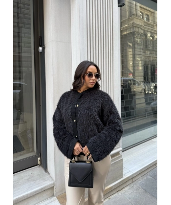 Gold Düğmeli Peluş Hırka - Siyah