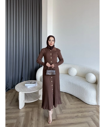 Gold Düğmeli Triko Elbise - Acı Kahve